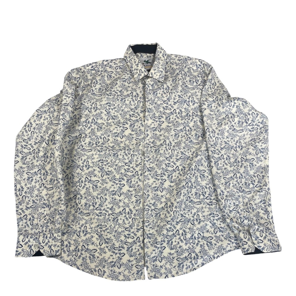 Filthy Etiquette Mens Button Up Shirt L White Floral Print Boho Preppy Casual